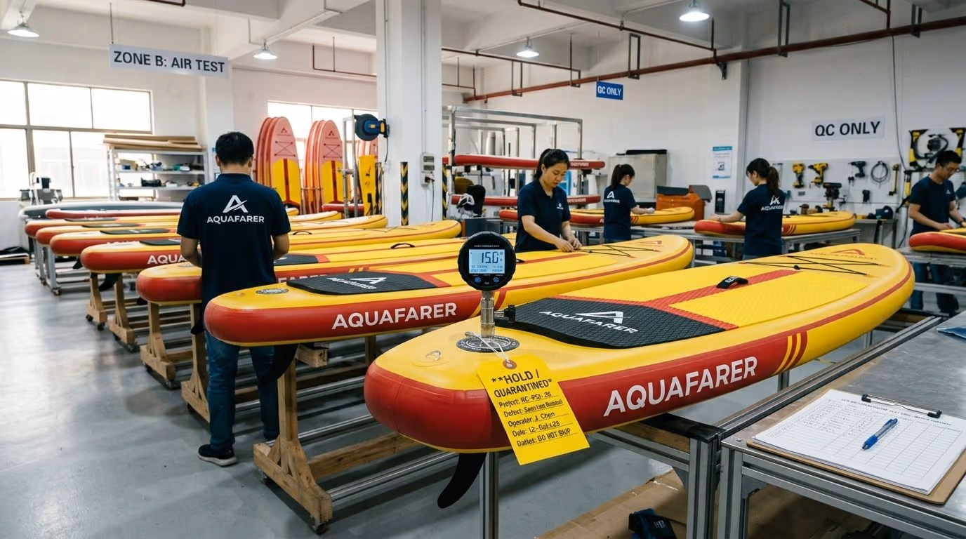 Quality control checksheets and controlled hold status labels at the factory inspection station